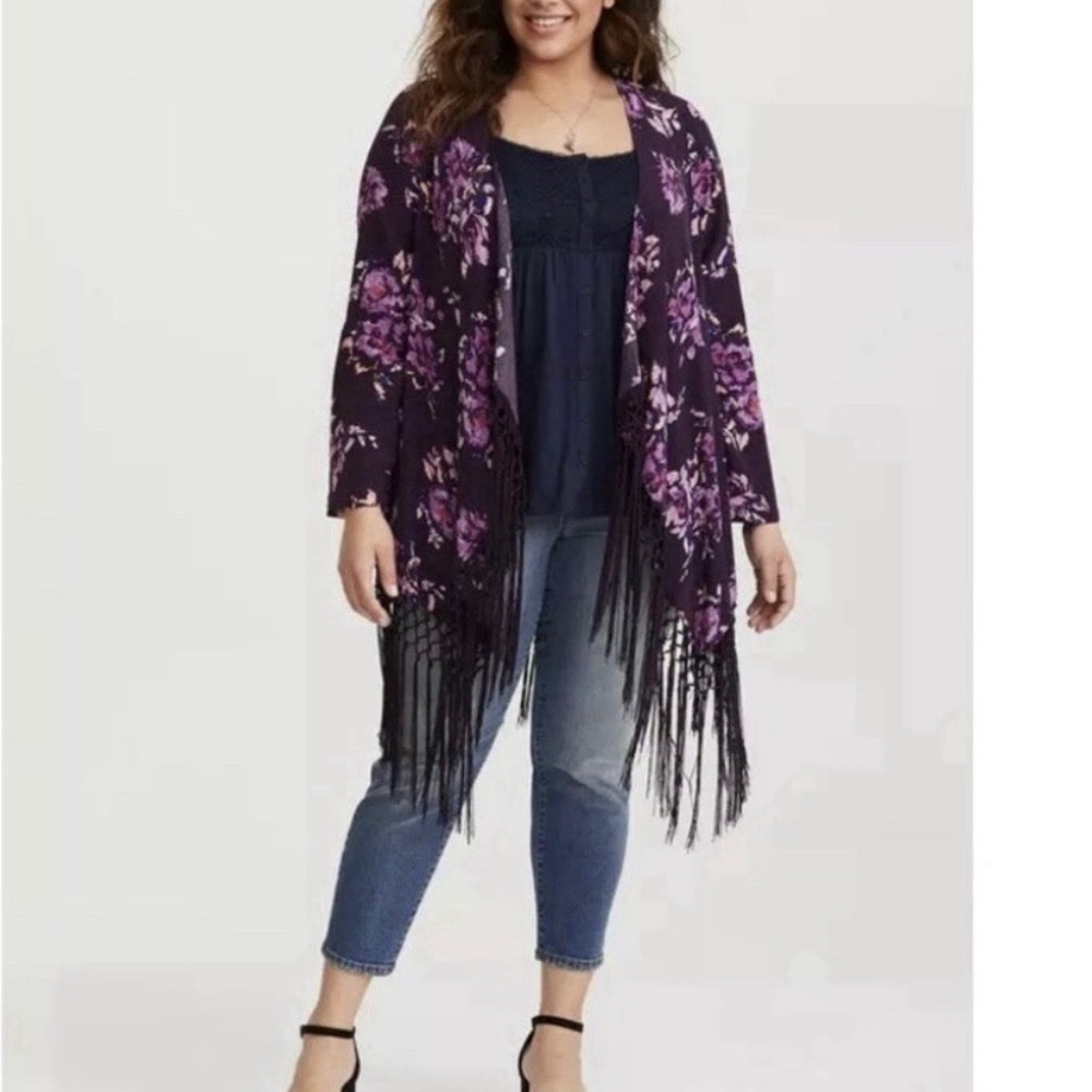 Torrid Purple Floral Fringe Kimono Size 2X